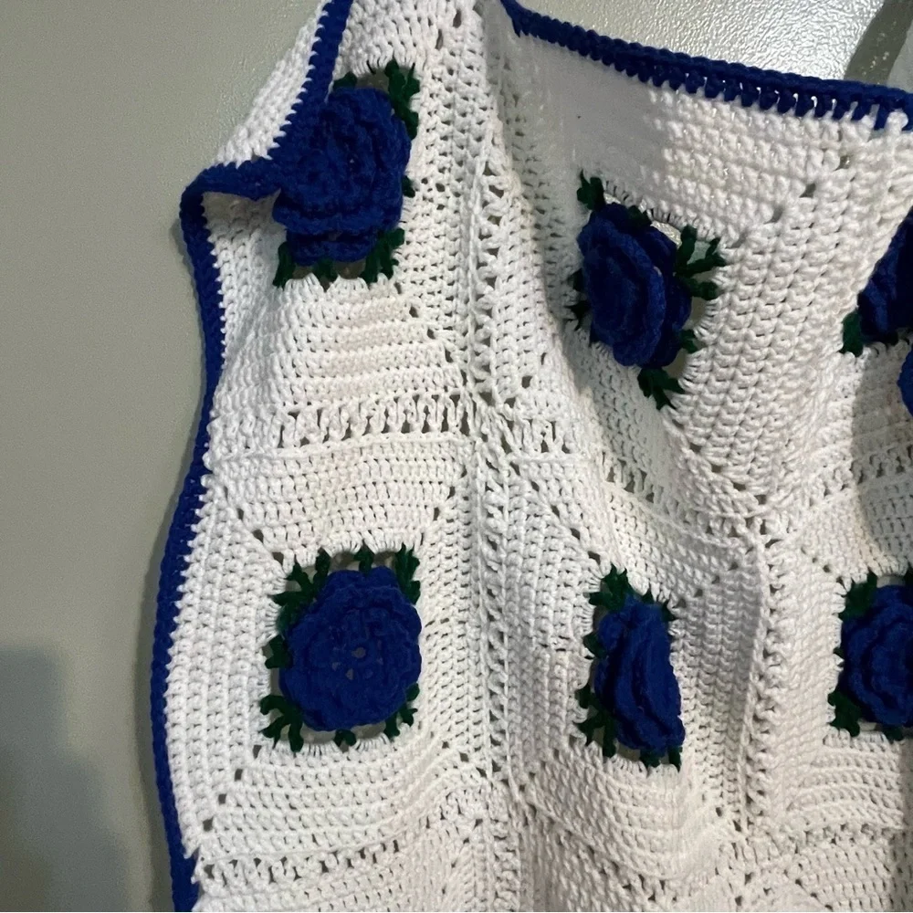 Handmade Crochet White Blue Green Granny  Square Baby Blanket 42X42 New